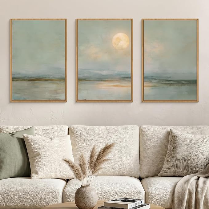 LHIUEM Large Abstract Moon Green Framed Canvas Wall Art Set,Minimalist Beige Gray Wall Decor, Nature Lake Landscape Art Painting for Living Room,Bedroom,Dining Room,Office -24"x36"x3