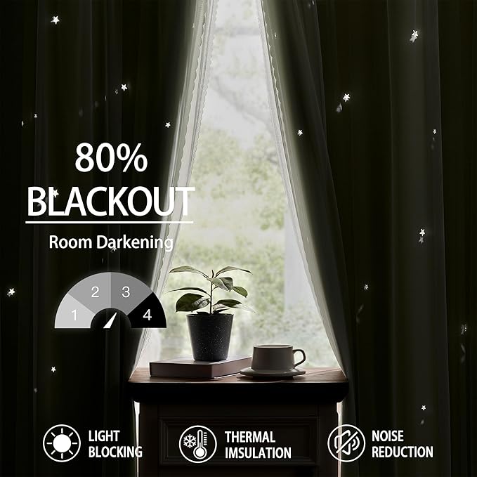 XiDi Sage Green Blackout Curtains for Bedroom Living Room 84 Inches Long Room Darkening Thermal Insulated Drapes Window Treatment Grommet Top Light Blocking Star Curtains for Kids Boys 2 Panels 34x84