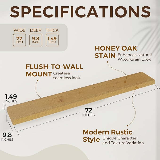 Dreamland 72Inch Oak Floating Shelves 9.8" Deep Wall Mounted Set of 2 | Wall shelves for bathroom, bedroom, Living Room, kitchen, deep wall mount wood storage display for home decor 72" x 9.8"