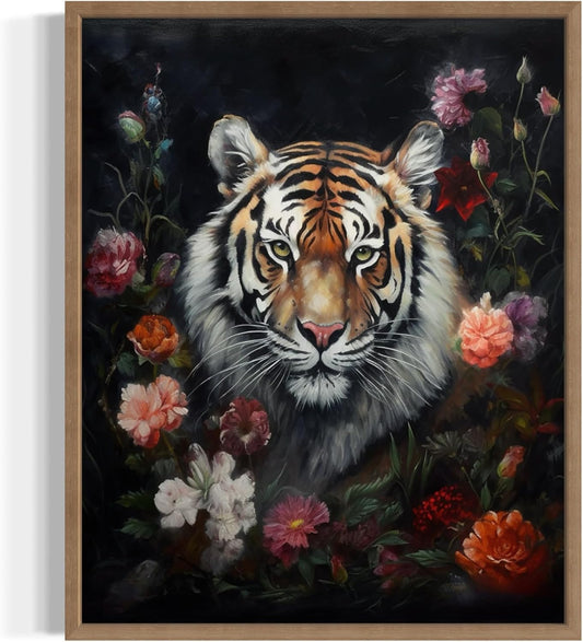 Tiger and Flower Poster Art Print, Halloween Scary Vintage Wall Art Academia Spooky Painting Decoration for Horror Prints, Gothic Posters Bedroom Decor 89 (Tiger and Flower, 11 x 14 inches, Wood Frame)