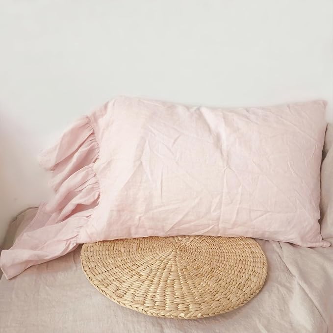 100% French Linen Pillowcase Ruffles Pillow Cover King Queen Twin 1 pcs (Queen, Pink)
