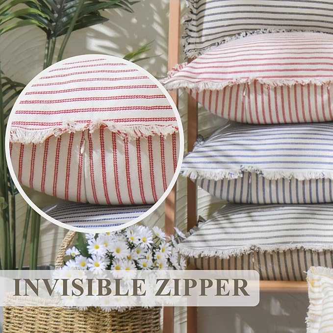 ZWJD Fall Pillow Covers 18x18 Set of 2 Striped Pillow Covers with Fringe Chic Cotton Decorative Pillows Square Cushion Covers for Sofa Couch Bed Living Room Farmhouse Fall Decor, (Burnt Orange)