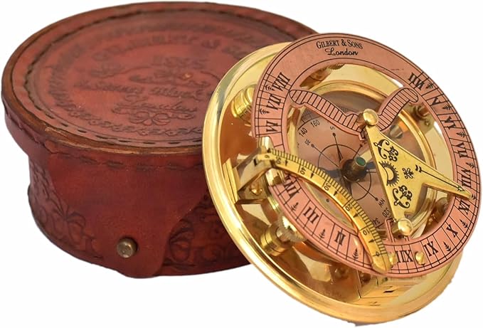 Personalized Engraved Antique Brass & Copper Sundial Compass, Sundial Clock in Leather Box Gift Sun Clock Ship Replica Watch