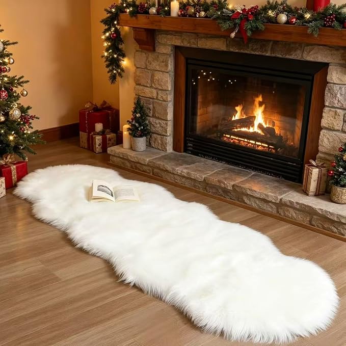 Faux Fur Sheepskin Runner Rug White 2x6 ft Ultra Soft Shaggy Plush Fluffy Fuzzy Area Carpet Decorative Chair Cover Floor Mat for Bedroom Sofa Living Room Bedside
