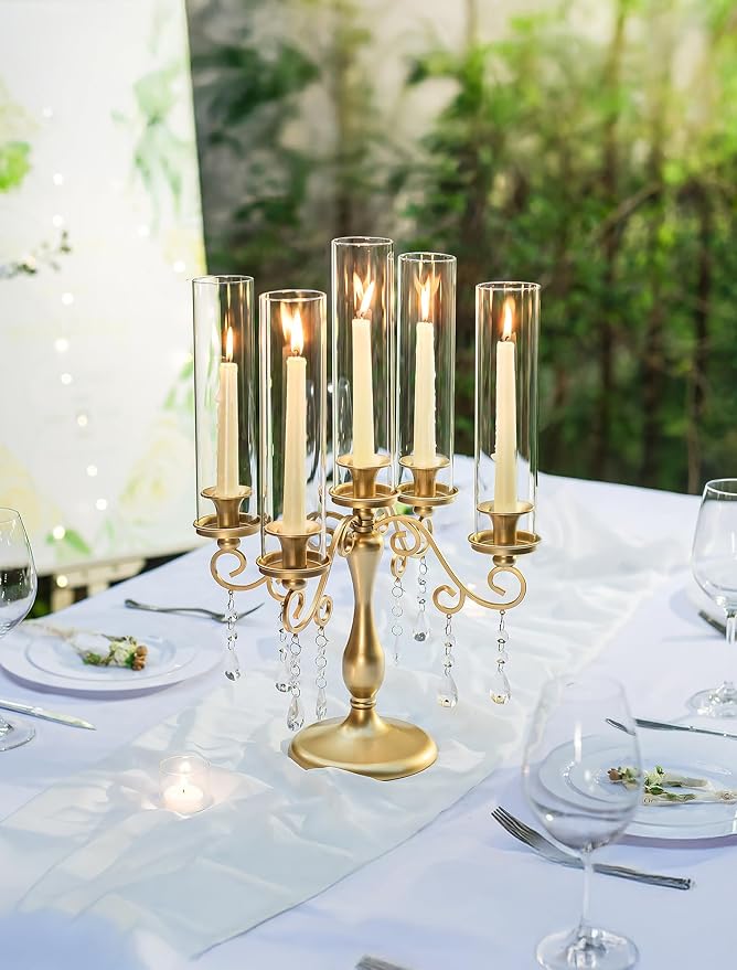 Sziqiqi Gold Candelabra Candle Holder: 5 Arm Vintage Candelabras Wedding Centerpieces for Table - Candlestick Candle Holders with Hurricane Glass for Table Centerpiece Christmas Party Event