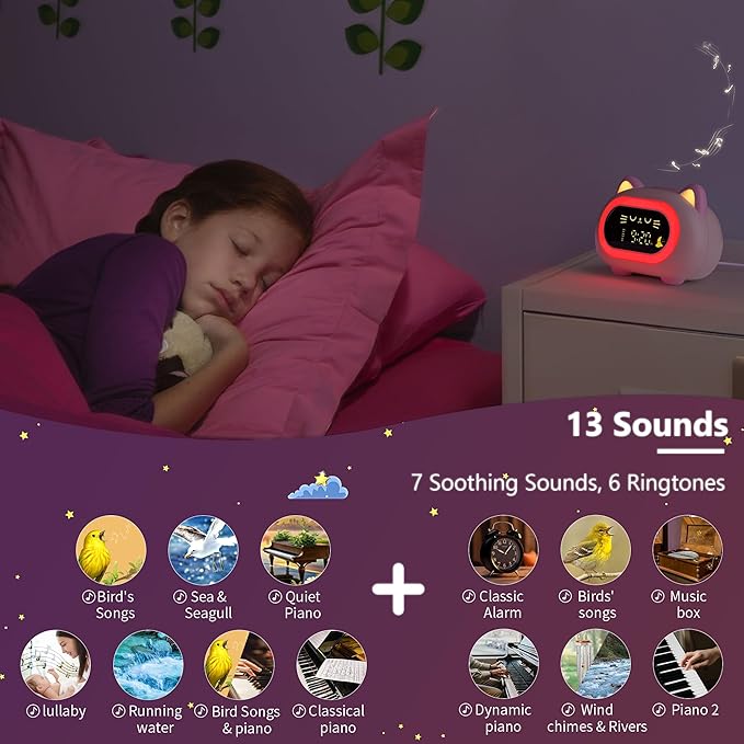 ANALOI Alarm Clock for Kids, Kids Alarm Clocks for Girls with Sleep Training Dual Alarm Eye Protection Auto Off Timer 10 Color Night Light, Cat Ok to Wake Clock, Gifts for Kids Girls