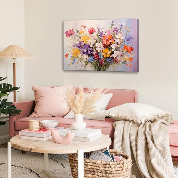 Colorful Daisy Poppy Wall Art Flower Picture Bedroom Wall Decor Wildflower Painting for Living Room Canvas Print Floral Bouquet Nature Poster Modern Artwork Bathroom Kitchen Home Decorations 24x36”