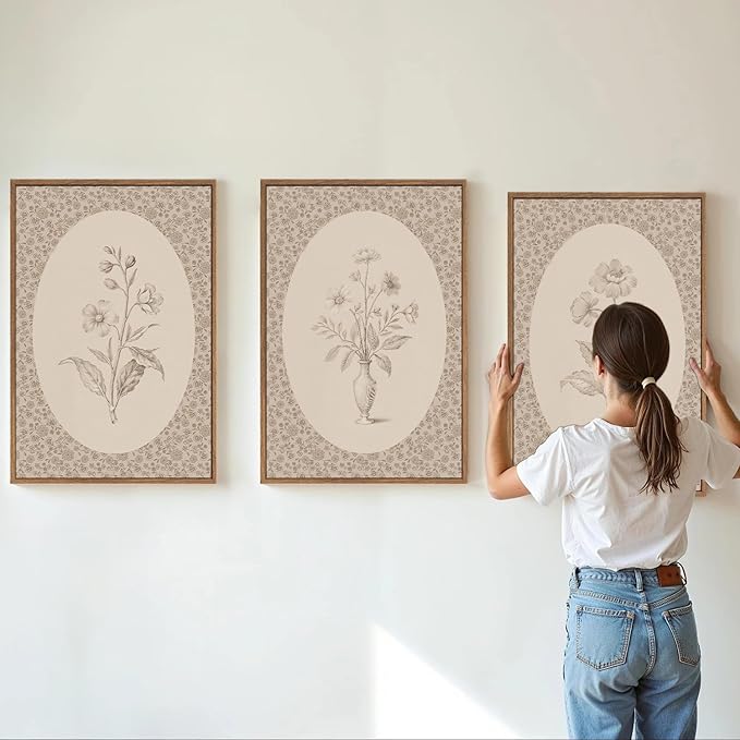 Rantodecor Vintage Flower Framed Canvas Wall Art Triptych, Rustic Floral Wall Decor, Retro Sketch Botanical Art Paintings, Antique French Cottage Artwork for Girls Bedroom Living Room Bathroom 24"x36"