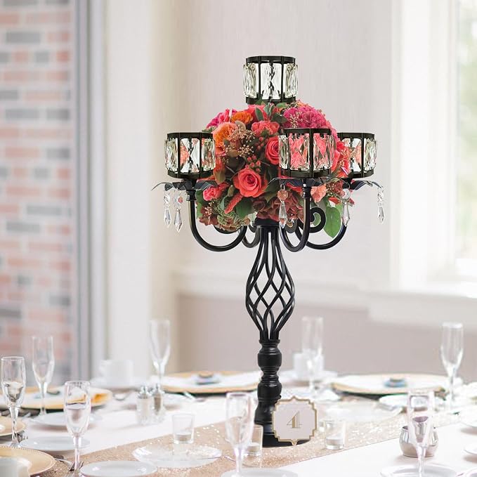 23.2 inch Tall Elegant and Chic Black 5 Arm Pendant Crystal Candlestick Holder Table Decoration tealight Candle Holder, Candelabra for Gorgeous Wedding/Parties Table Centerpiece (2, Black)