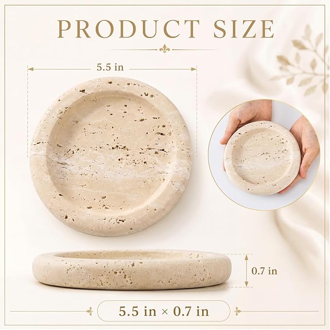 Threehoney 5.5 Inch Small Travertine Stone Tray Marble Jewelry Dish Trinket Tray for Women, Perfume, Coffee Table (Round)