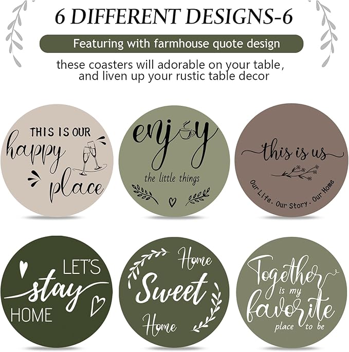 Queekay Coasters Set of 6 House Warming Gifts New Home Wooden Farmhouse Drink Coasters with Holder 4'' Funny Decoration for Kitchen Family Coffee Bar Tabletop Protection(Green)