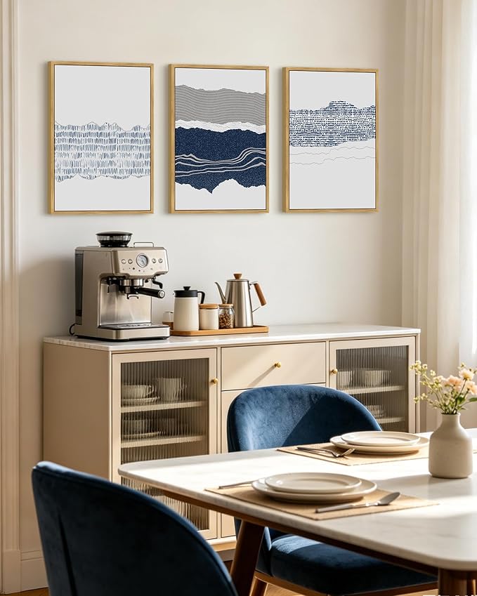 PHOPAGO Navy Blue Abstract Shapes Framed Wall Art Mid Century Minimalist Boho Wall Decor Modern Neutral Rustic Farmhouse Living Laundry Decor - 12x16in Natural Framed