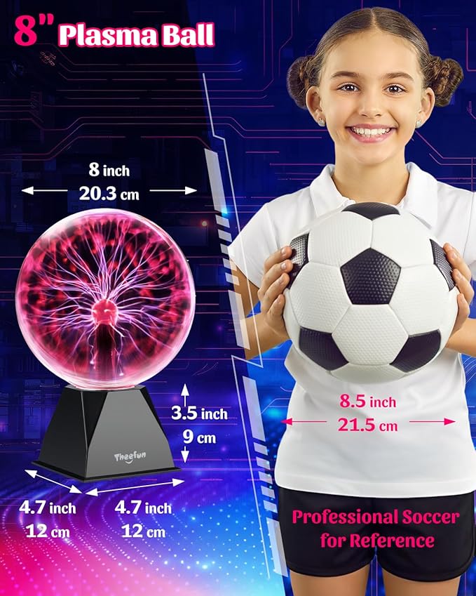 Theefun Plasma Ball: 8 Inch Huge Plasma Globe Birthday Gifts Touch & Sound Sensitive Ball Lamp Electric Lightning Novelty Light for Parties, Home, Prop, Room Decoration