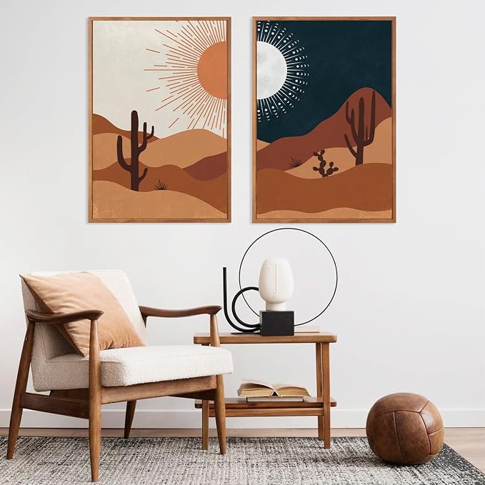 LHIUEM Boho Cactus Desert Abstract Sun Moon Framed Canvas Wall Art | Vintage Landscape Painting,Mid Century Southwestern Artwork for Living Room,Bedroom,Dining Room -16"x24"x3