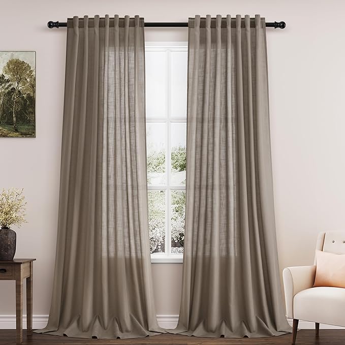 Dark Taupe Linen Curtains 120 Inch Extra Long for Living Room Back Tab Light Filtering Semi Sheer Drapes Modern Farmhouse Boho Decor Cotton Textured Curtain for Floor to Ceiling High Window 52x120