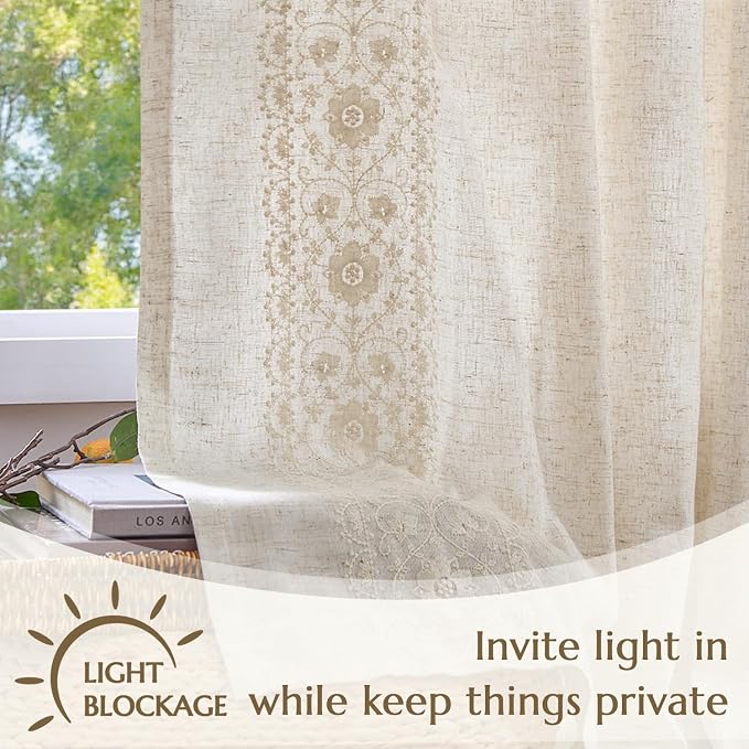 jinchan Weslie Boho Lined Linen Curtains for Bedroom Ivory Vintage Floral Farmhouse Curtains 84 Inches Long Linen Drapes for Living Room Embroidered Drapes Rod Pocket Ivory on Beige 2 Panels