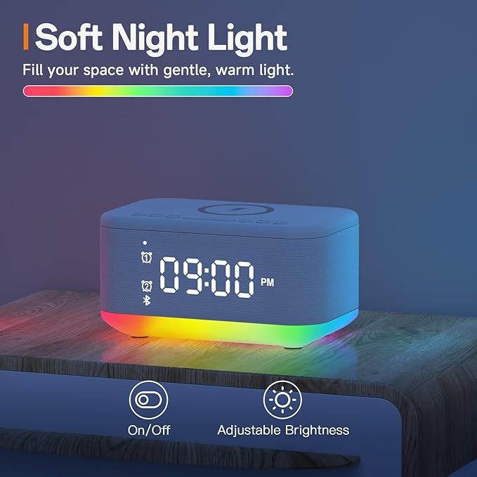 Wireless Charging Alarm Clock Bedroom, Digital Alarm Clocks Bedrooms Bluetooth, Loud Bluetooth Speaker Alarm Clock Night Light Dual Alarm Snooze 12/24H Dimmer Bluetooth AUX USB Charging, White