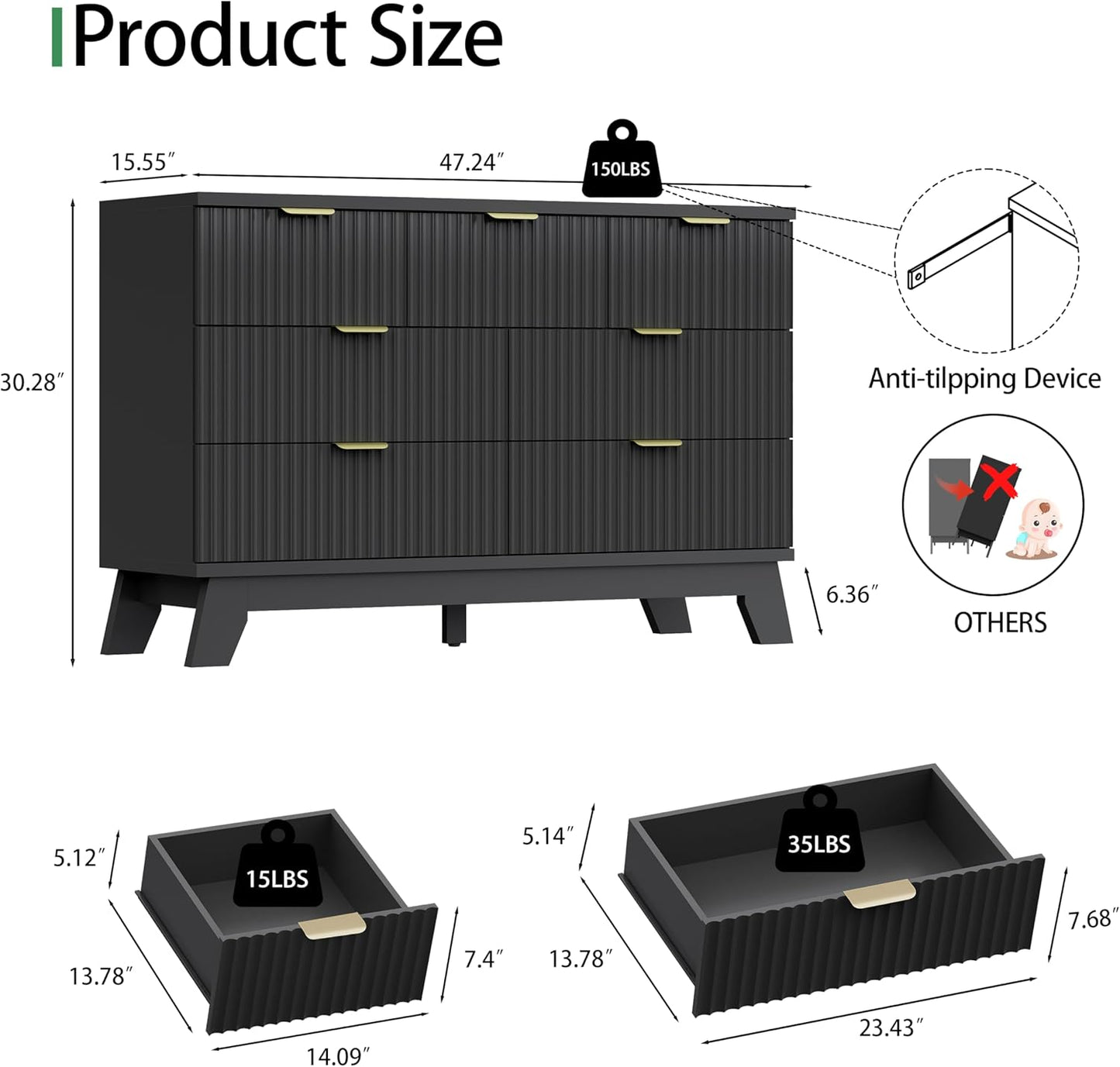 Fluted Dresser for Bedroom with 7 Drawers, 48" Wide Chest of Drawers with Metal Handle, Modern Wood Dresser TV Stand, Wooden Closet Clothes Storage Organizer for Living Room, Hallway, Black