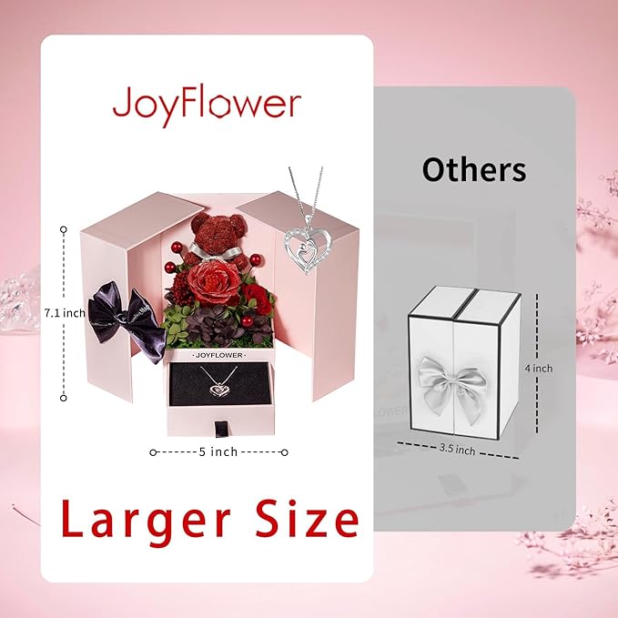 JoyFlower Preserved Flowers with Necklace Gifts for Mom, Unique Pearl Rose Eternal Flower Bear with Necklace Gift for Grandma, Preserved Real Red Roses Birthday for Mother Grandma