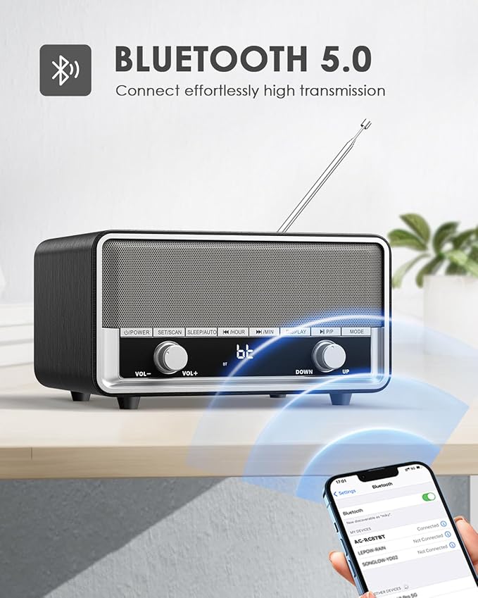 Vintage Wood AM FM Clock Radio with Bluetooth, Digital Clock Radio for Bedroom with LCD Display | 40 Presets | Sleep Timer | No Alarm, Retro Bluetooth Speaker for Office,Home, Kitchen (Space Black)