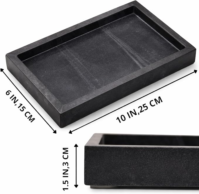Natural Marble Tray, Black, 10" x 6", Rectangular | Bathroom Vanity Desktop Organizer, Stone Material, For Coffee Table Dresser Nightstand