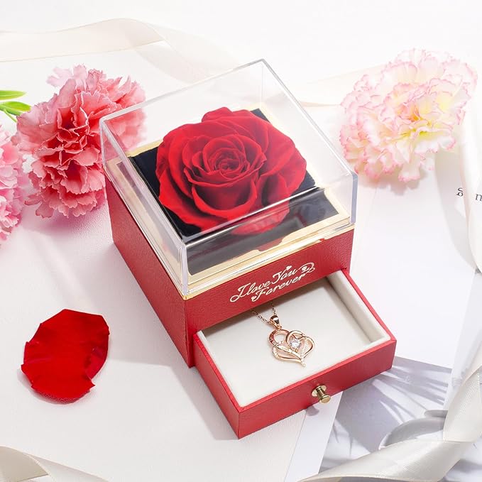 WILDLOVE Forever Real Rose with Heart Necklace, Preserved Flowers Gifts for Mom, Wife and Girlfriend on Christmas, Mother's Day, Anniversary, Birthday Gifts for Women, I Love You for Her