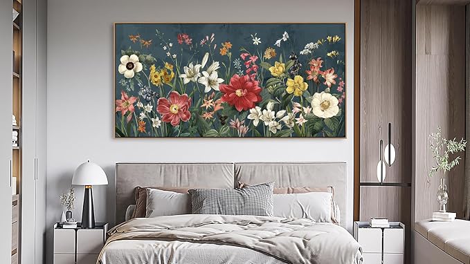 yearainn Botanical Framed Wall Art - Colorful Flowers Bouquet Canvas Pictures Wall Decor Wildflowers Painting Artwork Blooming Floral Prints Living Room Office Home Decor Natural Wood Frame 48" x 24"