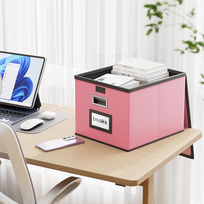 Portable Leather File Organizer Storage Boxes, Collapsible File Folder Organizer Boxes with Lids, Document Organizer, Decorative Filing Box Cabinet for Letter/Legal File Folder Storage