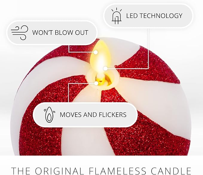 Luminara - Flameless Holiday Crystal Beads Glitter Sphere Candle - Candy Cane Red - Pack of 1-4x4.25 - Auto Timer Built-in 5-Hour Timer Indoor Use