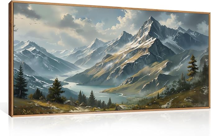 Ausril Boho Mountain Ridge Framed Canvas Wall Art Set, Nature Woodland Landscape Wall Decor, Misty Cloud Forest Wall Painting, Pine Tree River Blue Art Print for Living Room, Bedroom, Office - 20"X40"