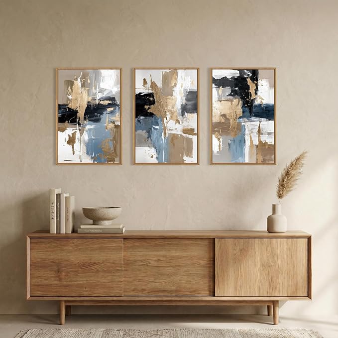 KAIRNE Blue and Gold Abstract Framed Canvas Wall Art Set,Minimalist Brush Strokes Wall Decor,Modern Textured Art Prints,Neutral Brown Black Artwork for Living Room,Bedroom,Farmhouse,Office-24 x36 x3