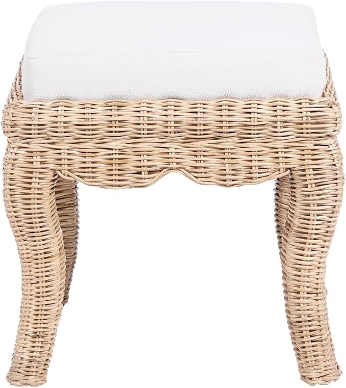 JONATHAN Y Rowan Woven Rattan Vanity Stool with White Cushion, 18.5" Coastal Backless Makeup Chair for Bedroom & Bathroom, Natural Mango Wood Wicker Ottoman Footrest VSL1000A