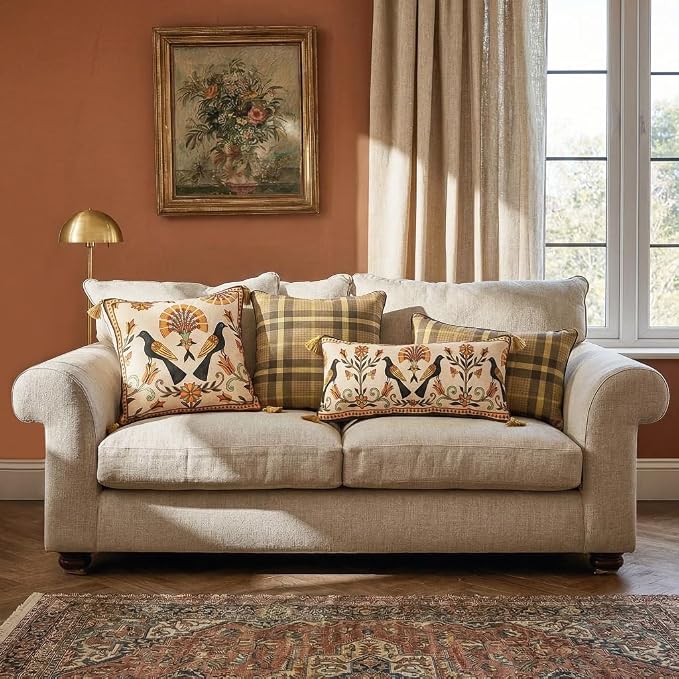 bilin gaier Designer Square Linen Throw Pillow Cover,18"x18"-Seville C | Vintage Elegant Pillow Cover,Concealed Zipper,Floral and Bird Pattern,Sofas,Bedroom,Living Room,Lounge Chairs