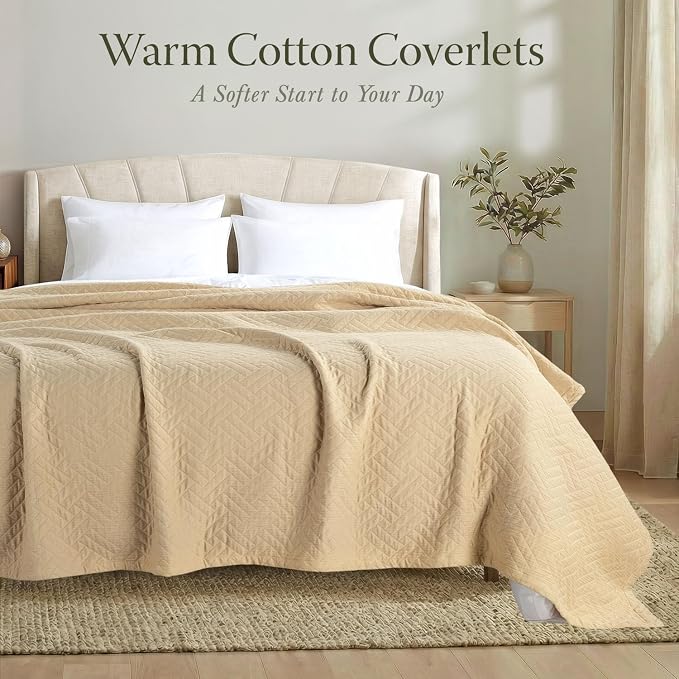 Threadmill Luxury Cotton Blankets for Twin Size Bed | All-Season 100% Cotton Twin Blanket for Bed | Criss Cross Jacquard Lightweight, Soft & Cozy Coverlet, 350GSM, 68 x 90 inches | Beige