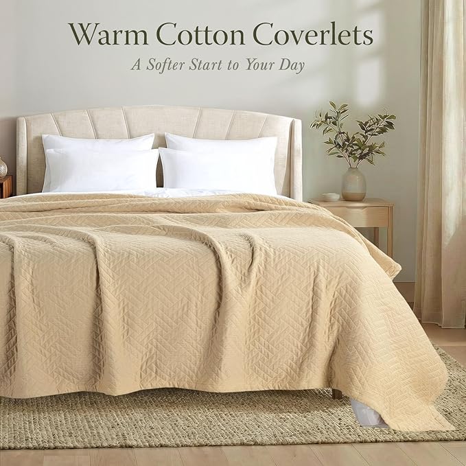Threadmill Luxury Cotton Blankets for Queen Size Bed | All-Season 100% Cotton Queen Size Blanket | Criss Cross Jacquard Cozy Lightweight, Soft Breathable Coverlet fits Full Size Bed, 90x92 | Beige