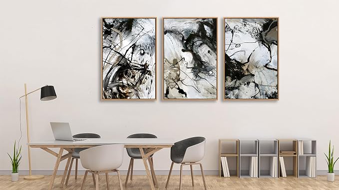 Large Modern Painting Wall Art for Living Room Float Framed Art Set of 3 Abstract Canvas Pictures Black and White Minimalist Artwork Canvas Prints for Bedroom Home Office Wall Decor 24X36inX3pcs