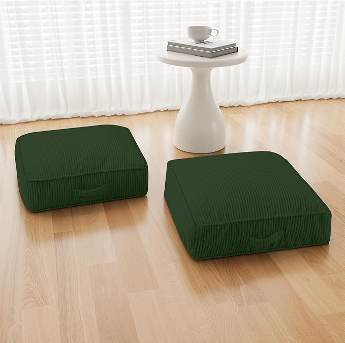 Meditation Floor Pillow Set of 2, 8" Extra Thick Floor Cushion for Sitting with Washable Cover, Large Corduroy Meditation Pillow, 22 inches Tatami Seat with Handle for Yoga Pillow, Green