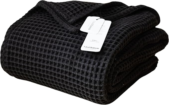 100% Turkish Cotton Waffle Throw Blanket King Size Black - Premium Quality, Light and Airy Waffle Weave All-Season Quilt - Lux Decorative Bedspread (Black, King Size 95" x 110" Inch)