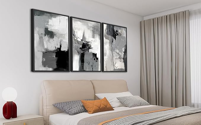 Large Framed Canvas Wall Art - Retro Grey Graffiti Pictures for Living Room Rustic Abstract Wall Decor Vintage Prints for Bedroom Dinning Room Black Float Framed 20" X 28" X 3 pcs