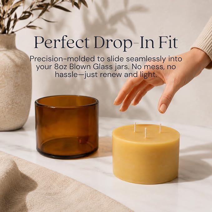 Bluecorn Beeswax 3-Wick Candle Refill – 22oz Amber Glass Jar, 100% Pure Beeswax, Unscented – 40 Hr Long Burn, Cotton Wick, Non Toxic – Handmade in USA, 1 Count