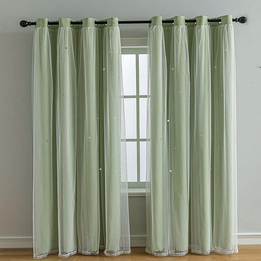 FANLI 2 Panels Star Blackout Curtains for Kid Girls Bedroom Living Room Darking Stripe Double Layer Star Cut Out Wall Home Decor Gradient Grommet Window Curtains (Green 72L)