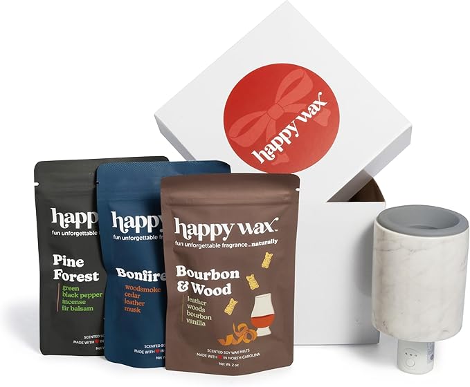 Happy Wax Marble Outlet Timer Wax Warmer with Cozy Cabin Collection Wax Melt Gift Set - 6 Total Oz - Bonfire, Bourbon & Wood and Pine Forest