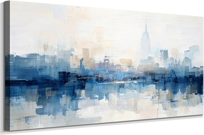 Acocifi NY Skyline Wall Art Abstarct Cityscape Canvas Painting 40"x20" | new york print for living room blue white NYC picture artwork framed for bedroom office home hallway wall decoration