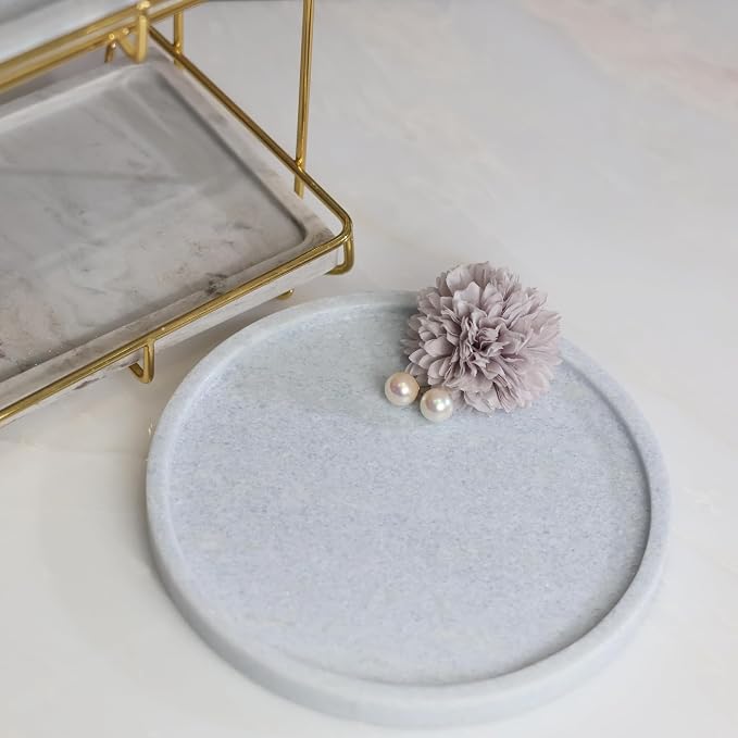 Natural Marble Vanity Tray, Round, 8.3 Inch, with Anti-Slip Pads, for Bathroom, Jewelry, Perfume Display, Coffee Table Decor (Blue Quartz)