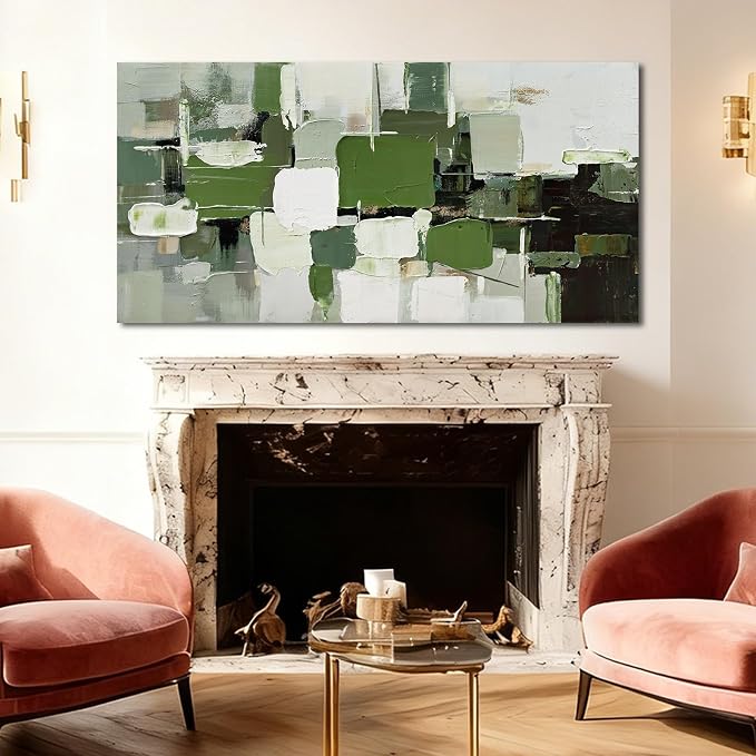 ZUNARE Abstract Geometric Wall Art Green White Black and Gray Canvas Painting, Layered Color Block Modern Artwork for Living Room Bedroom Kitchen Office Wall Decor 24"x48"