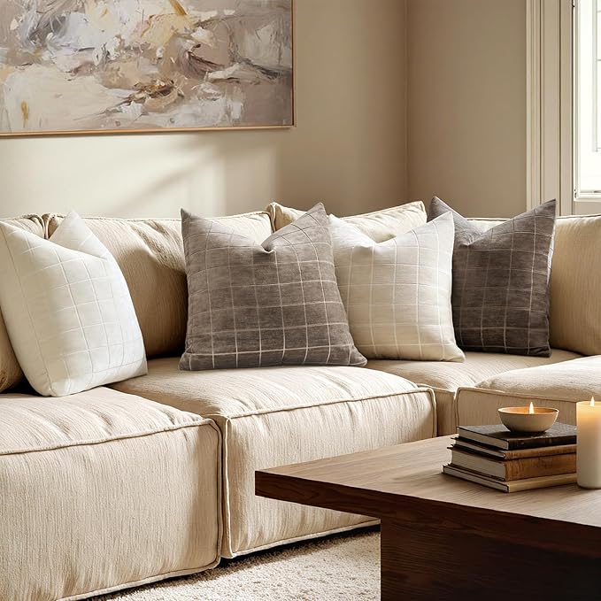 MIULEE Decorative Chenille Check Throw Pillow Covers Vintage Plaid Couch Pillows 18x18 Inch Set of 2 Neutral Boho Farmhouse Cushion Covers Modern Spring Home Decor for Sofa Bed Living Room Cream