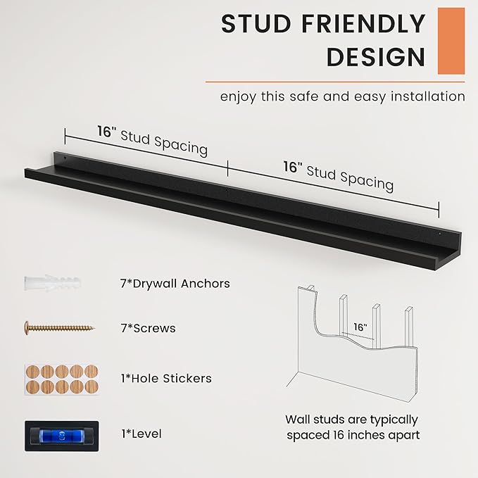 FLYJOE Picture Ledge Shelf, Floating Shelves Set of 2, 48 Inches Long Large Nursery Book Shelves for Toys Storage, Kids Bookshelf Wall Mounted for Living Room Bedroom Decor Books Photo Frames, Black