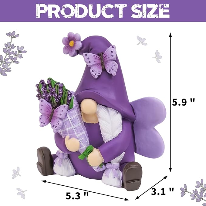 Lavender Gnome Spring Decor, Fairy Garden Gnome with Butterfly & Lavender Bouquet, Resin Gnome Figurine for Home Office Tabletop Tiered Tray Decor, Gnome Gifts for Women Retirement Birthday