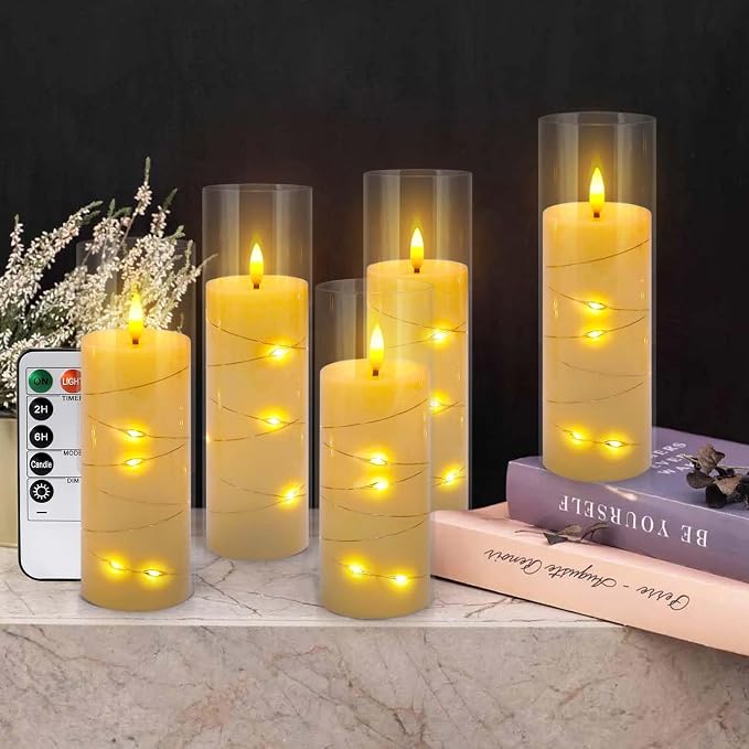 Pack of 5 (D2.2 X H 5" 6" 7") Ivory Flickering Flameless Candles Battery Operated with Remote, LED Pillar Candles with Realistic Moving Wick for Halloween, Christmas, Home Decor.
