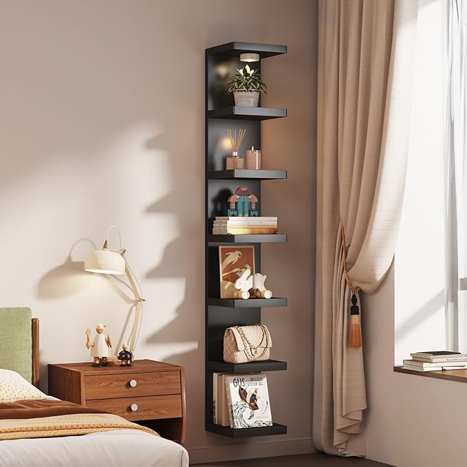 7-Tier Vertical Wall Shelf Unit with USB Rechargeable Led Light (Remote Controlled),Versatile Floating Display Shelves,Lack Style Wall Shelves for Bedroom,Living Room,Office Decor,Vanity-Black